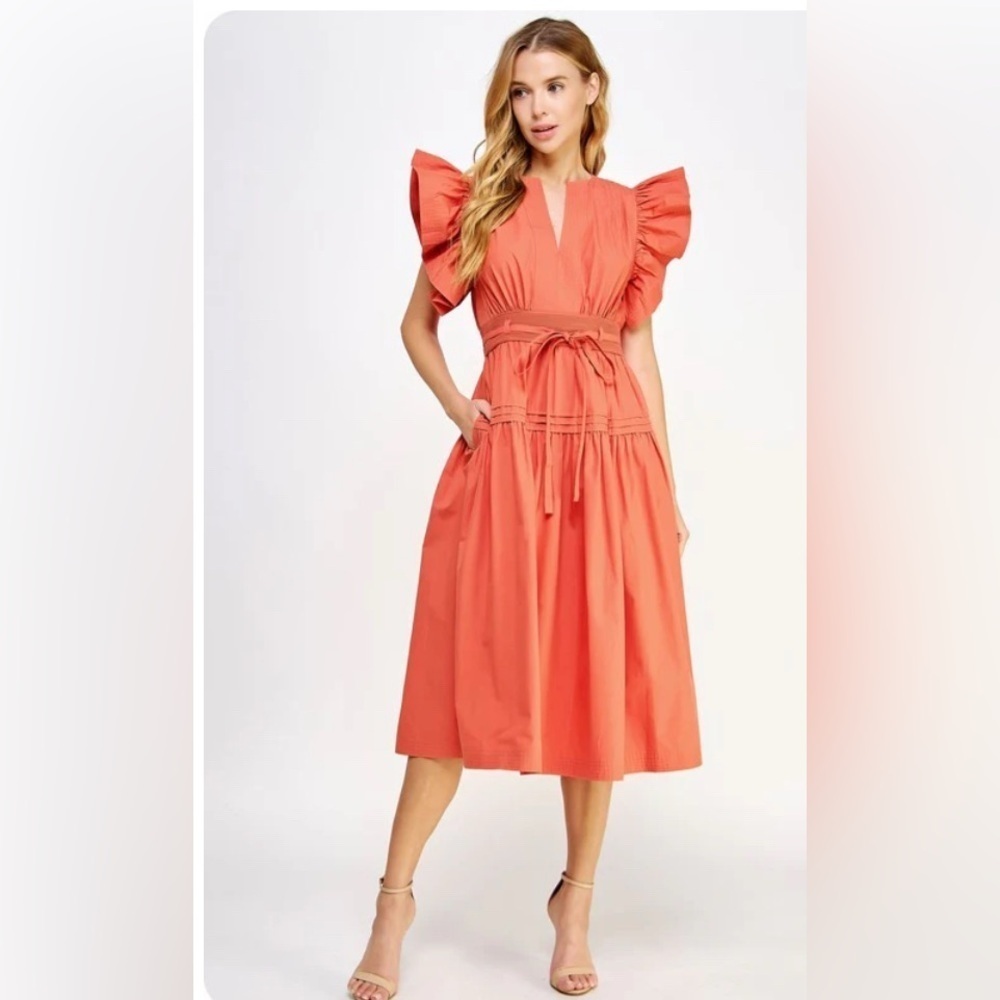 Struț and Bolt Orange Midi Sundress w Flutter Sleeves V-Neck Modern M Feminine